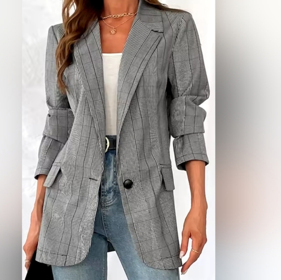 Cupshe Gray Oversized Blazer Plaid - Picture 3 of 11